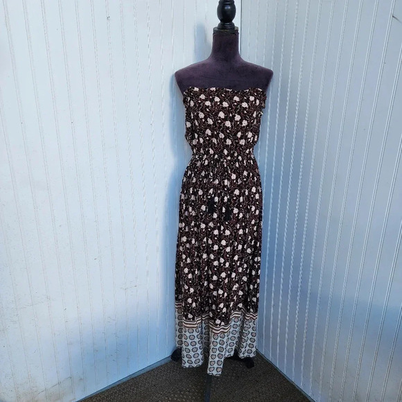 Harlow & Rose Women’s Maxi Dress Faux Wrap Print Black Brown Floral Strapless S - Picture 1 of 13